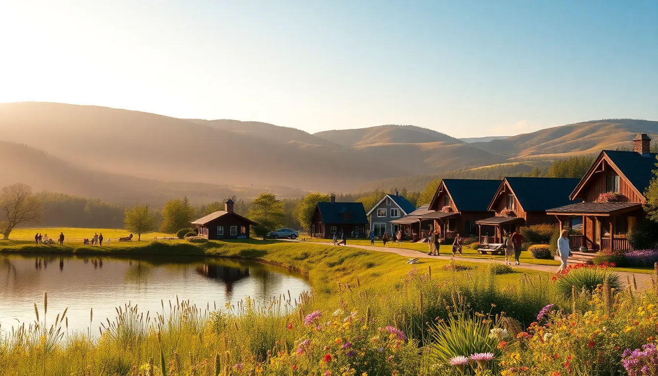 Scenic view of Sherbromont with a lake and rolling hills.